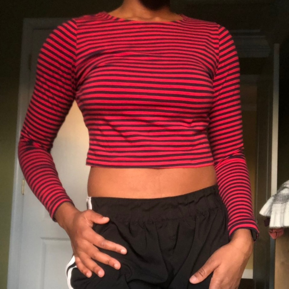 Forever 21 red stripped crop top with a rose.